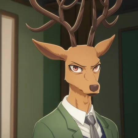 score_9_up, score_8_up, score_7_up, high quality, detailed, source_furry, male, solo male, 1boy, broad shoulders, mature male, reddish brown eyes, athletic build, slim build, deer, buck, antlers, brown body, animal ears, blue vest, white collared shirt, gray tie, green jacket, looking at viewer, bust shot, indoors