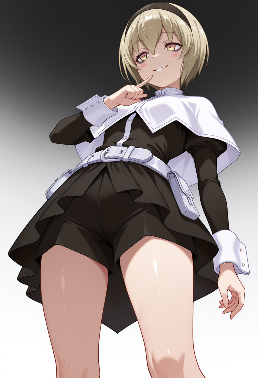 Smooth Quality,masterpiece,very intricate, high quality details, ultra realistic, high detailed skin,detailed enviorement,absurdres,
index finger raised,
 <lora:Pekora_CNR:0.8> pekora_cnr, 1girl, blonde hair, short hair, bangs, yellow eyes, multicolored eyes, shiny hair black hairband,bags under eyes,pekora_def_cnr, black dress, white capelet, black skirt,white belt, long sleeves, shoes, pouch,, evil smile,, simple background, white background, from below,solo,