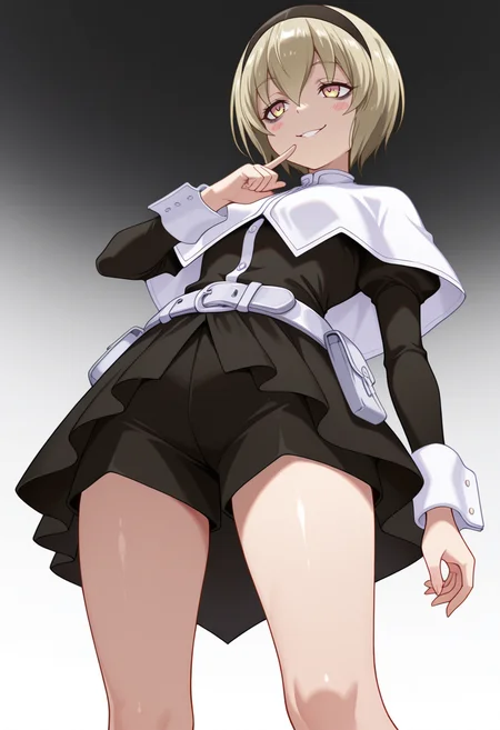 Smooth Quality,masterpiece,very intricate, high quality details, ultra realistic, high detailed skin,detailed enviorement,absurdres,
index finger raised,
<lora:Pekora_CNR:0.8> pekora_cnr, 1girl, blonde hair, short hair, bangs, yellow eyes, multicolored eyes, shiny hair black hairband,bags under eyes,pekora_def_cnr, black dress, white capelet, black skirt,white belt, long sleeves, shoes, pouch,, evil smile,, simple background, white background, from below,solo,