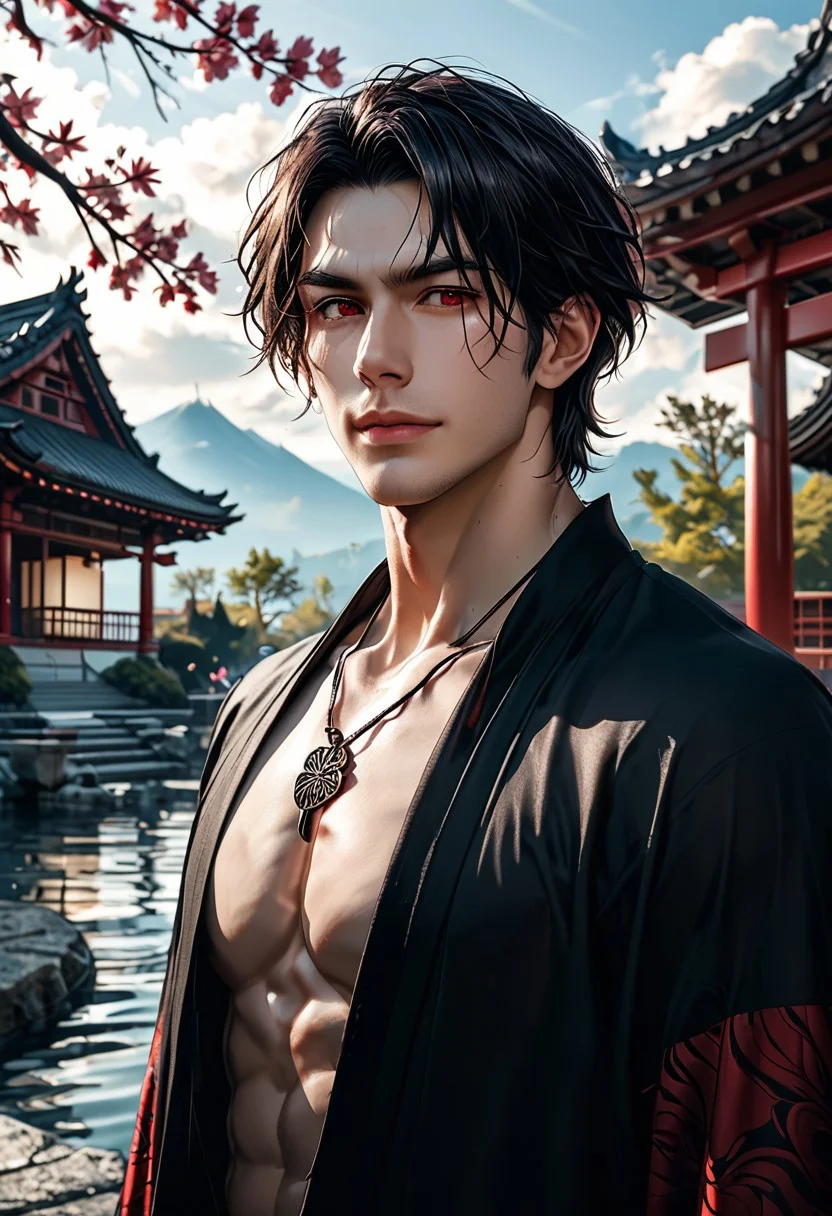 1boy, Darius Dusk, slightly wavy, short hair, jet black with a natural shine, neatly styled but slightly tousled at the ends, medium height, lean and muscular build with defined shoulders and arms, red eyes, sharp angular face with a prominent jawline, pale skin, smooth skin, Southern European, faint stubble on the chin and along the jawline,
subtle veins visible under the pale skin, especially near the eyes and hands,
solo,
flirty expression, handsome, charming, simple charm,
,outdoor, chaloujiusi,night, moonlit mountain scene, background (serene pool), serene, tranquil, necklace, moonpendant, Eastern dragon, dragon, dragon over shoulder, scaly dragon, mythical dragon, mystical atmosphere, ultra wide angle, falling petals, amazing lighting, cloud, cloudy sky, east asian architecture, tree, pagoda, cowboy shot,