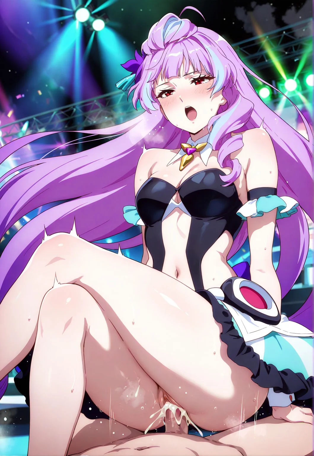 <lora:add-detail-xl:0.5>,masterpiece,best quality,anime coloring,anime screenshot,
<lora:crossed_legs_sex:0.7>crossed_legs_sex ,
1girl,hetero,penis,1boy,sex,nude, moaning, blush,
breasts,vaginal,uncensored,motion lines,
(crossed legs) ,girl on top,crossed legs sex ,sex,
motion blur, cum in pussy, steam, sweat, steam,
BREAK
mm,mature female,long hair,purple hair,multicolored hair,streaked hair,red eyes,anime coloring, main dress,hair ornament,navel,wrist cuffs,detached collar,midriff,floating hair, singing,stage,stage lights, <lora:Mikumo_Guynemer-Macross_Delta:0.8>
20YO, milf,