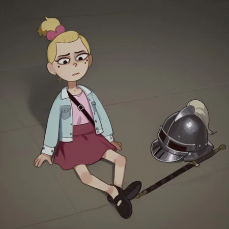 Sasha, 1girl, alone, short stature, blonde hair tied in a ponytail with a dark pink bow, mole on left cheek, light blue jacket, light pink shirt, dark pink skirt, black strap shoes
Mossastyle
Sasha sits on the floor, removing a black medieval knight's war helmet. Sad expression