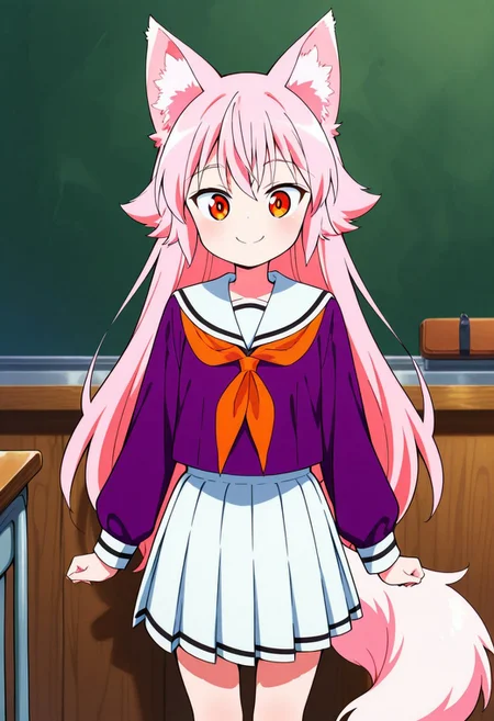 smasterpiece, best quality, amazing quality,, Score 9, Score 8, Score 7, Score 6, Score 5, Score 4, 1 girl, Original anime, alone, Lanka Ookami, wolf girl, long hair, pink hair, wolf ears, ear fluff, fluffy wolf tail, ((wolf tail)), (orange eyes: 1.1), 
serafuku, Skirt, School uniform, Pleated skirt, Serafuku, White skirt, Shirt, Purple shirt, Sailor collar, White Sailor collar, Long sleeves, 
smile, standing