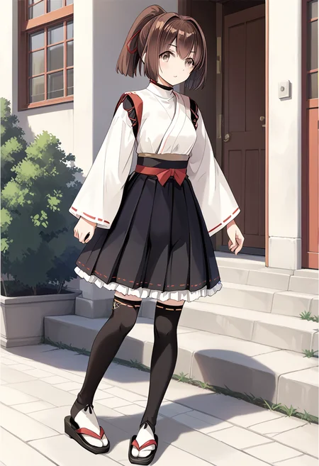 solo, walking,<lora:KC_05BB_ise_pony-000036:1> isekc, brown hair, ponytail, hair ribbon, red ribbon, brown eyes, iseremodel2kc, long_sleeves_black_skirt, japanese_clothes, black turtleneck, white shirt, pleated skirt, frilled skirt, black legwear, white socks, black footwear, black zouri, black sandals, score_9,score_8_up, score_7_up, source_anime, masterpiece, best quality, official art, official style, game cg, megami magazine, rating_safe, rating_questionable, <lora:Fixhands_anime_bdsqlsz_V1:0.75>,