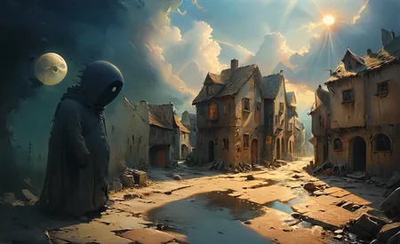studio ghibli, infuriating puzzle,  darkest small necropolis night of the envy sitting hiding tiny dead wast (landscape:1.1), moon, eclipse, fog, BREAK lovely day of the happy living thriving busy (village:1.1) city, sun, god-rays, highly detailed, landscape, panorama, wide-angle, moody, atmospheric, masterpiece, high resolution, hdr, 8k, composition, shadows, clouds, (complex:1.2), (intricate:1.1),  <lora:- SDXL - vanta-black_contrast_V3.0:0.7>, <lora:- SDXL - otclillsn_impossible_geo_V1.0:0.7>, <lora:dfantasy:0.8>, <lora:The_Simplest:0.8>, <lora:DonMP41n717Bl4ckXL:0.4>, <lora:SDXL - Style - EldritchRomanceIllustration1.3.1:0.4>, <lora:artfullyECHELIER_SDXL_V1:0.4>