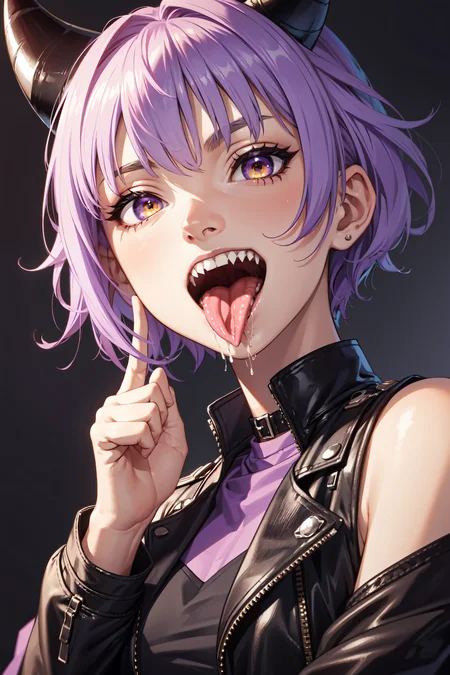 1girl,short hair,(side of head shaved),purple hair,(yellow eyes),happy face,psycho smile,mouth totally open,tongue out,inner mouth,uvula,(saliva:1.5),long tongue,shark teeth,good teeth,purple leather jacket,black collar,black horns,closeup,good finger, good hand,masterpiece,extremely detailed CG unity 8k wallpaper, best quality,32k,focus sharp,  <lora:long_tongue:0.6>