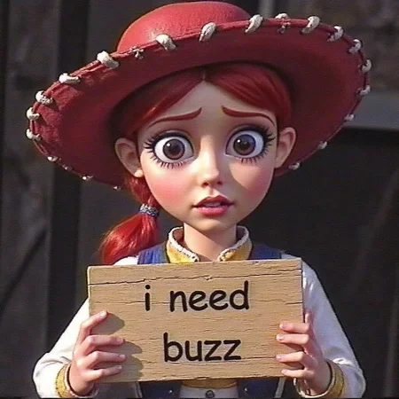 A low quality picture of a toy Jessie from Toy Story, Jessie is holding a wooden sign with the text "I need Buzz", the picture is realistic, pixelated, grainy and looks like a in-real life picture, Jessie is worried and sad