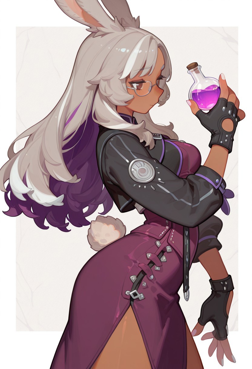 F3n6l1, masterpiece, very aesthetic, absurdres, (solo:1.5),
(viera girl:1.5), 1girl, expressive eyes, feminine eyes, beautiful detailed eyes:1, perfect face, light brown eyes, (dark grey hair with white highlights:1.5), (purple inner hair:1.5), long hair, (brown skinned:1.5), (rabbit tail:1.5), (rabbit ears:1.5), (glasses), medium breasts, (fantasy alchemist outfit:1.5), (dark purple skirt), (fingerless gloves:1.5), white nails, holding potion vials,