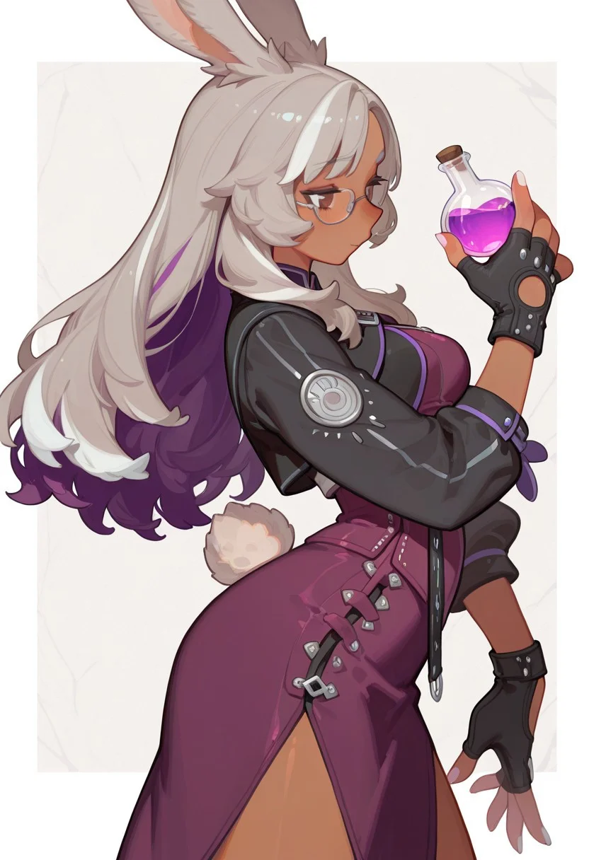 F3n6l1, masterpiece, very aesthetic, absurdres, (solo:1.5),
(viera girl:1.5), 1girl, expressive eyes, feminine eyes, beautiful detailed eyes:1, perfect face, light brown eyes, (dark grey hair with white highlights:1.5), (purple inner hair:1.5), long hair, (brown skinned:1.5), (rabbit tail:1.5), (rabbit ears:1.5), (glasses), medium breasts, (fantasy alchemist outfit:1.5), (dark purple skirt), (fingerless gloves:1.5), white nails, holding potion vials,