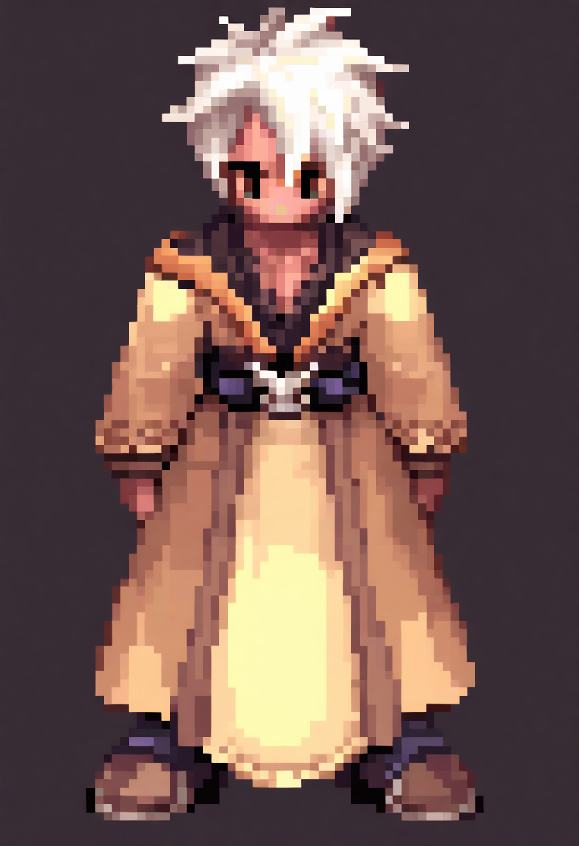 best quality, amazing quality, very aesthetic, absurdres,
pixel, 
1boy, white hair, rogue, long clothes,
full body, simple background, white background,  <lora:RagnarokSpriteNoob_byKonan:1>