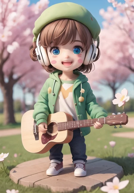 (masterpiece),(best quality),(ultra-detailed), (full body:1.2), 1boy,chibi,cute, smile, open mouth, flower, outdoors,playing Piano, music, beret, holding guitar, jacket, blush, tree, :3, shirt, short hair, cherry blossoms, green headwear, blurry, brown hair, blush stickers, long sleeves, bangs, headphones, black hair, pink flower, (beautiful detailed face), (beautiful detailed eyes), <lora:blindbox_V1Mix:1>