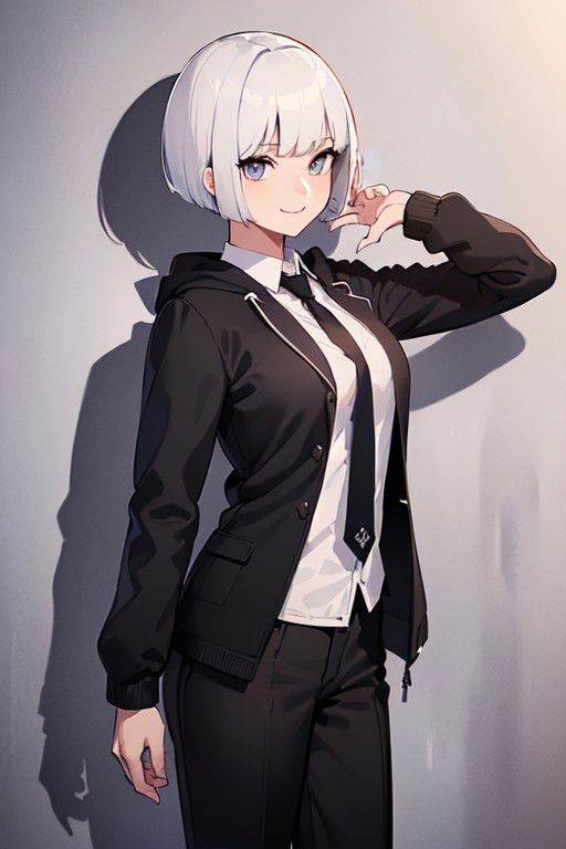 (best quality, masterpiece, detailed drawing:1.2), (official portrait, girl, pure white short haircut with full blunt fringe, in a business shirt, tie, trouser, under a black hoodie jacket, standing still by a wall, light proud smile:1.5), (mature body, extremely oversized large breasts:1.3), (cowboy shot, zoom-up:1.3),