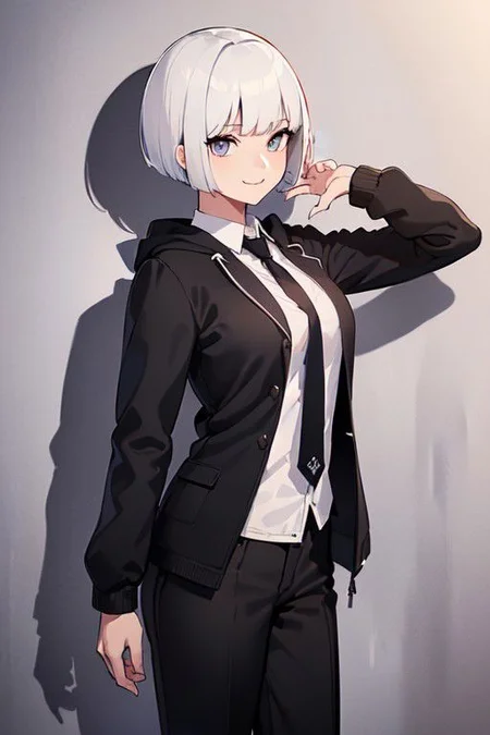 (best quality, masterpiece, detailed drawing:1.2), (official portrait, girl, pure white short haircut with full blunt fringe, in a business shirt, tie, trouser, under a black hoodie jacket, standing still by a wall, light proud smile:1.5), (mature body, extremely oversized large breasts:1.3), (cowboy shot, zoom-up:1.3),