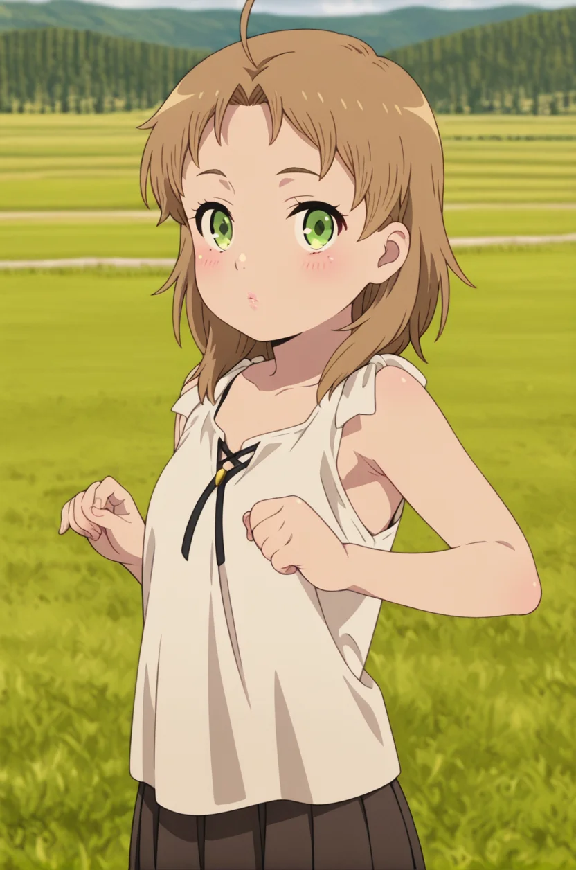 , source_anime, intricate details, masterpiece, high quality, prefect hands, best quality,, 1girl, detailed eyes , solo, anime coloring,
, blush , ,looking at viewer,
cinematic lighting,
<lora:rudy_yyy_illustrious:1> rudy, ahoge ,medium hair , brown hair, green eyes , 1girl , gender bender , small breast , lips , eyelashes , sexy , armpit ,
<lora:shoulder ribbon_illustrious_V1.0:1> shoulder ribbon, shirt,skirt, outdoors, meadow,