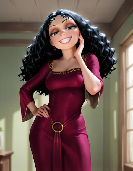 masterpiece, best quality, amazing quality, very aesthetic, absurdres,  newest, detailed background, cowboy shot, 4k, 8k, dynamic angle, indoors,
gothelxd, 1girl, 
solo, curly hair, long hair, black hair, grey eyes, makeup, dress, medium breasts, loose sleeves, grin, sexy, seductive, looking at viewer, one hand on hip,
 <lora:Mother_Gothel_-_Disney_Illustrious:1>