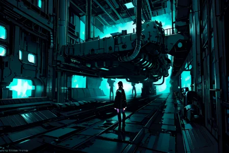 highly insanely detailed, masterpiece, top quality, best quality, highres, 4k, 8k, RAW photo, (very aesthetic, beautiful and aesthetic),  
tsutomu nihei,nihei_tsutomu,blame!,blame gakuen!,abara,TNstyle,sidonia_no_kishi,(tunnel,giant room,megastructure in background,deep horizon,sidonia \(ship\),city ruins,hangar,space,spacecraft),star \(sky\),starry sky,light particles,cables,tubes,industrial pipes,dark sky,black sky,walkway,fence,machinery,wire, 
<lora:blameLora_v10:0.7>, 
(1girl:1.3), 
solo focus, 
neon green background,neon blue background,(gradient background,color bokeh background,colour sequence background),âââ