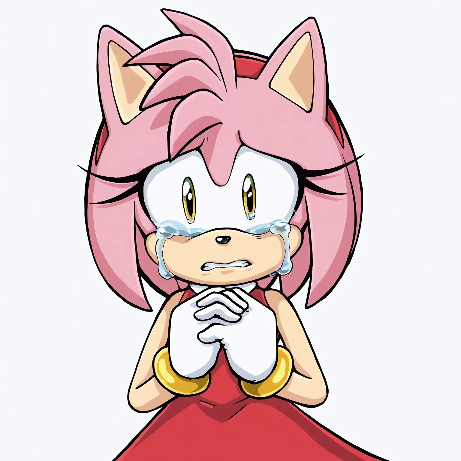 /amy rose (sonic)/, 1girl, solo, digital art, sad expression, teary eyes, crying, yellow eyes, pink fur, pink hair, animal ears, animal nose, white gloves, gloves, gold bracelets, red headband, red dress, sleeveless, furry, furry female, eyelids slightly closed, looking at viewer, upset, holding hands together, hands close to chest, clenched teeth, teeth visible, simple background, white background, lowered eyelids