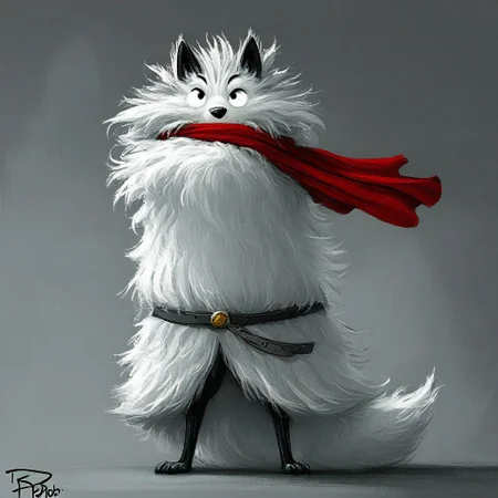 fox-like creature, white, red scarf, grey outfit, belt, grey background, simplified features, heroic stance, fluffy fur, tim burton style, dark whimsical, detailed