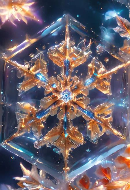 (high quality), (masterpiece), (detailed), 8K, An award-winning glowing snowflake, encased in a perfectly transparent glass bubble, floats delicately within a surreal winter setting. Its intricate, symmetrical crystalline patterns radiate a mesmerizing, golden luminosity, blending warm hues of amber, peach, and soft rose that glow softly through the glass. The bubble is adorned with delicate frost patterns along its edges, reflecting and refracting the snowflake’s warm light, casting a magical aura on its surroundings. Encased within, the snowflake sparkles with fine detail, as if suspended in time, evoking feelings of joy, serenity, and wonder, captivating all who witness this breathtaking masterpiece, glowneon, geometric, sparks, GlowingInk