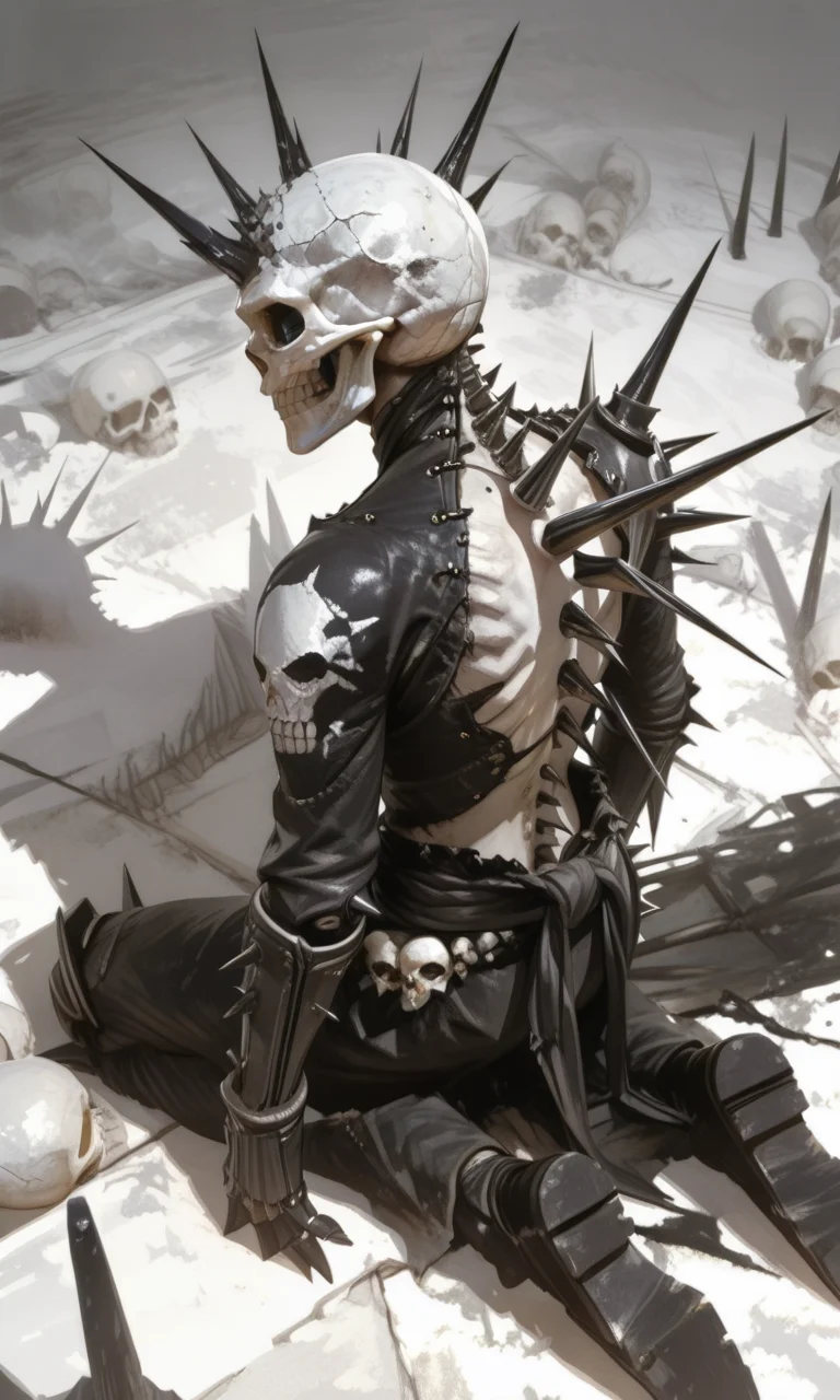 A dark eerie digital high angle painting of a humanoid figure with a skull-like head black tattered clothing and sharp spikes on its back kneeling in a desolate white textured background, from above, <lora:- iLL - the_edgy_mech_V3.0:1>