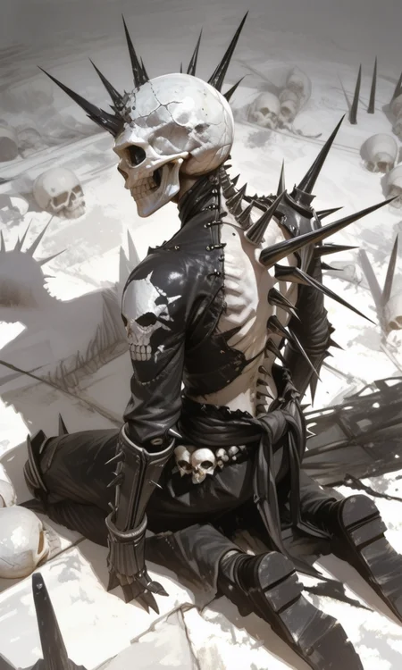A dark eerie digital high angle painting of a humanoid figure with a skull-like head black tattered clothing and sharp spikes on its back kneeling in a desolate white textured background, from above, <lora:- iLL - the_edgy_mech_V3.0:1>