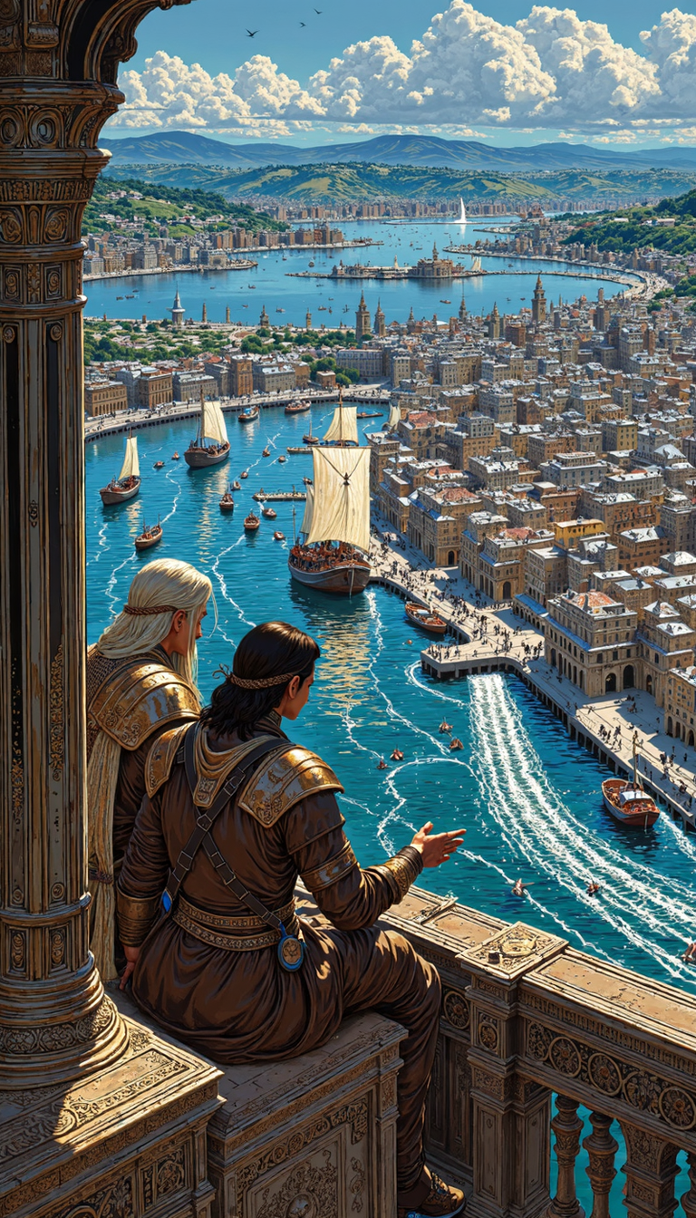 Comic book style, A male and female elf, adorned in intricate leather armor, share a quiet moment on a balcony overlooking a bustling harbor. The city, a breathtaking panorama of medieval architecture, sprawls beneath a cerulean sky with a fleet of majestic ships with billowing sails. Capture the scene in a dynamic three-quarter shot, with a slightly low angle to emphasize the grandeur of the cityscape and the sense of height. The lighting, soft and warm, evokes the golden hour, casting long shadows and imbuing the scene with a sense of tranquility. The focus should be on the couple's serene expressions, a testament to their bond amidst the grandeur. In the distance, a flock of dragons soars through the azure expanse, hinting at the fantastical nature of this world. The air is alive with the tang of salt and the distant clamor of the city, a symphony of life.
