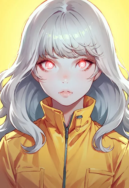 score_9, score_8_up, score_7_up, 1girl, wavy silver hair with bangs, shapely body, white skin, glowing eyes, neon yellow jumpsuit, 1ly4