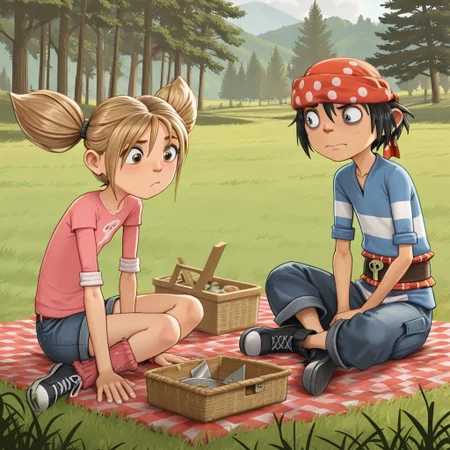 masterpiece, best quality, break, pnd, (1boy, jim_pnd, bandana), break, (1girl, matilda_pnd, twintails), sitting, grass, picnic, outdoors, natural lighting