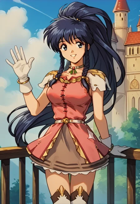 score_9, score_8_up, score_7_up, source_anime, 1girl, smile, looking at viewer, waving, <lora:TanaFE-pdxl:1> defTana, long hair, high ponytail, hair ribbon, twin braids, neck ring, pink dress, medium breasts, white belt, short dress, pauldrons, white gloves, bracelet, brown skirt, thigh boots <lora:FeOva-pdxl_Fp:1> retro artstyle, sky, cloud, castle