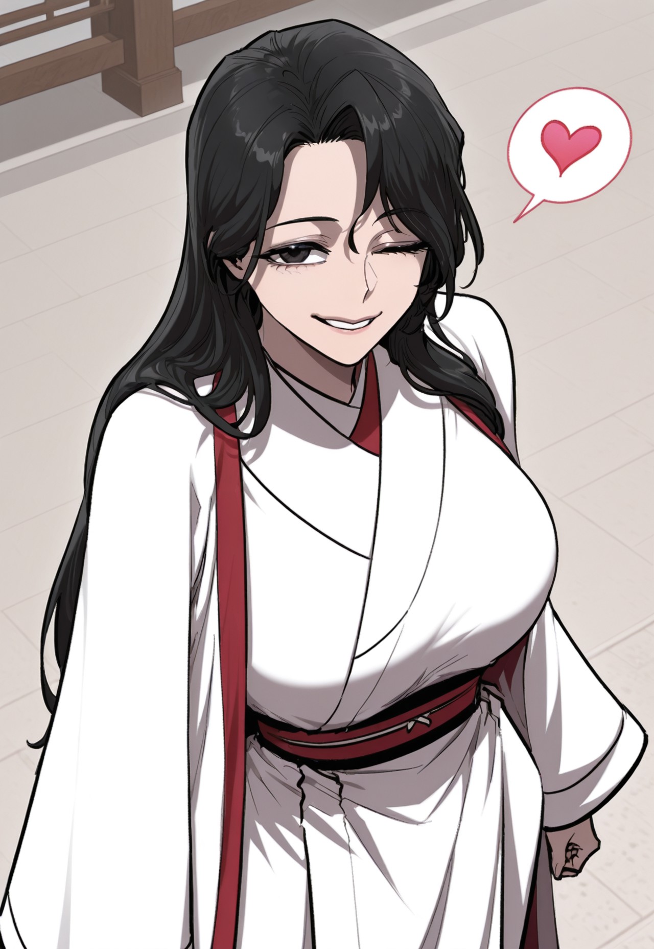 score_9, score_8_up, score_7_up, source_anime, solo, big breast, S.Queen, dark eyes, black hair, long hair, martial art clothes, durumagi coat, from above, cowboy shot, looking at viewer, winking at viewer, heart, one closed eyes, parted lips, smile