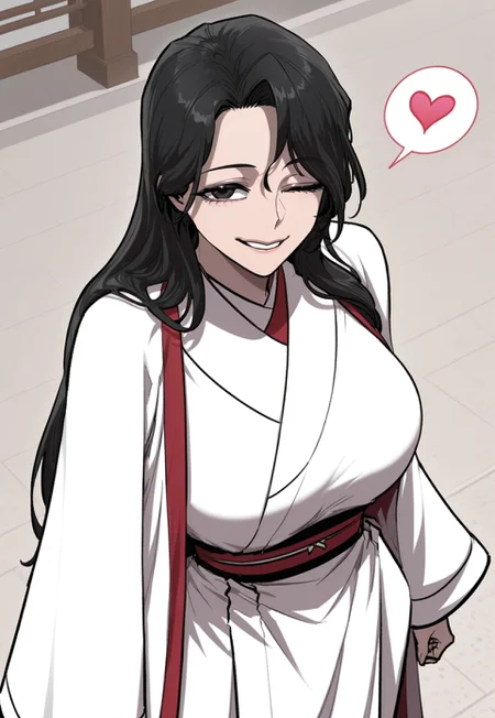 score_9, score_8_up, score_7_up, source_anime, solo, big breast, S.Queen, dark eyes, black hair, long hair, martial art clothes, durumagi coat, from above, cowboy shot, looking at viewer, winking at viewer, heart, one closed eyes, parted lips, smile