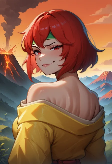 masterpiece, best quality, newest, absurdres, highres, <lora:NSMinervaFESD:1> NSMinervaMisc, red eyes, red hair, short hair, green headband, yellow kimono, from behind, looking back, bare shoulders, light smile, volcano, outdoors, mountains, orange sky, raised eyebrow, smug