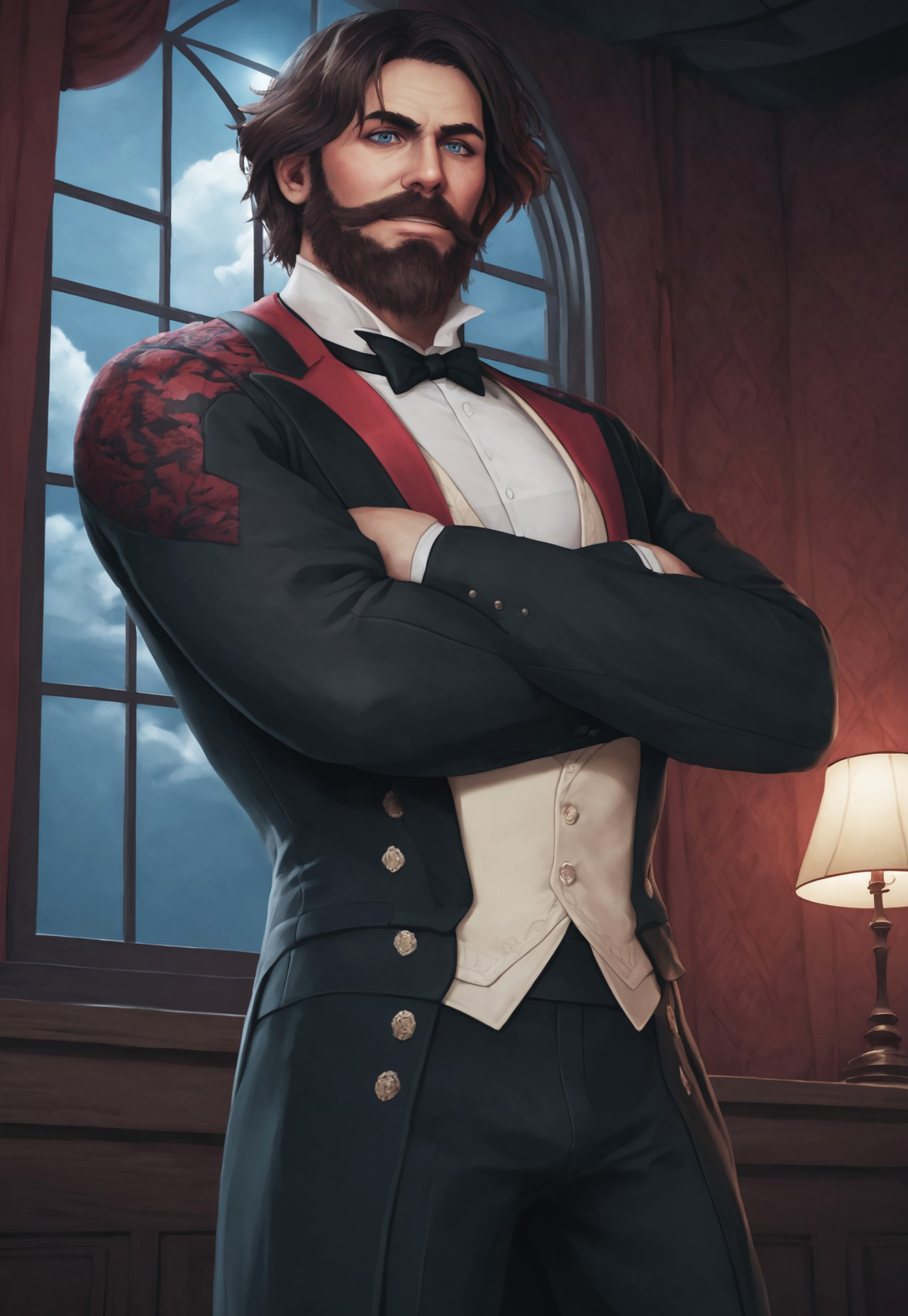 score_9, score_8_up, WiktorSzulski, cartoon, medium hair, brown hair, blue eyes, beard, mustache, mature male, muscular, black bowtie, black tailcoat, red accents, white shirt, beige vest, black pants, looking at viewer, grin, dynamic pose, detailed background, (dutch angle), cowboy shot, below view, ballroom, window, curtain, night, bloom, clouds, spread legs, plants, arms crossed, lamp,