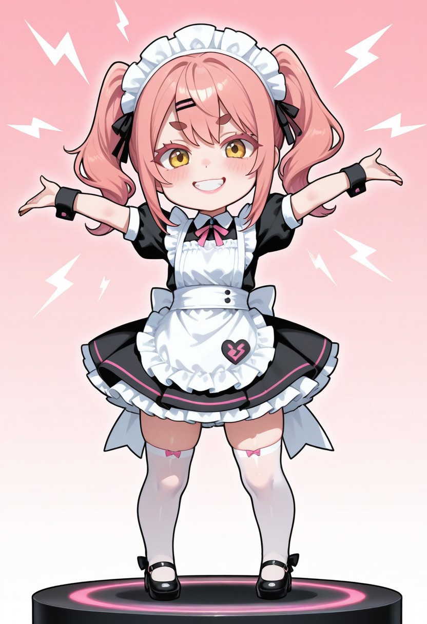 slightly Petite girl, beautiful girl, beautiful feminine figure, healthy waistline, bright and rosy skin, lips with natural pink lipstick, 
semi-long wavy pink hair, bangs over eyebrows, medium sidelocks, pink slightly-thin eyebrows, glay eyes, detailed clear eyes, thick dark-pink eyelashes, 
cheek slightly blush, innocent cute smile,
maid outfit, frilled maid apron, frilled skirt, thigh high socks, maid shoes, maid head dress,
single small thick lightning volt mark of vivid yellow, volt mark above head, clip art emoji of yellow volt, arms raising, clip art of thunder bolt on head,
standing,
1girl, chibi ,big head, mini person, deformed  ,super deformed,
cute simple background, 
looking at viewer. cute smile teeth, on black circle stage, elegant stage,
masterpiece,8k,high resolution, unity 8k wallpaper, detailed face, detailed CG, ( perfect anatomy), (high quality, best quality) (curvy:1.2)(shiny skin:1.2),amazing quality, very aesthetic, absurdres, newest