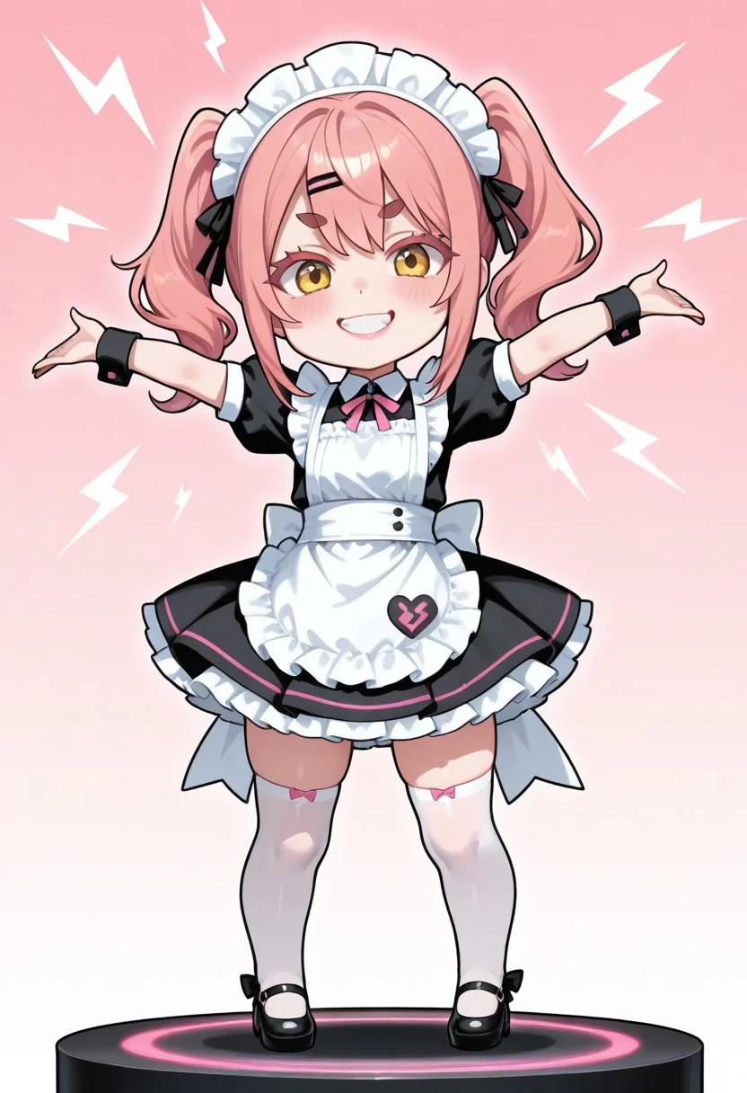 slightly Petite girl, beautiful girl, beautiful feminine figure, healthy waistline, bright and rosy skin, lips with natural pink lipstick,
semi-long wavy pink hair, bangs over eyebrows, medium sidelocks, pink slightly-thin eyebrows, glay eyes, detailed clear eyes, thick dark-pink eyelashes,
cheek slightly blush, innocent cute smile,
maid outfit, frilled maid apron, frilled skirt, thigh high socks, maid shoes, maid head dress,
single small thick lightning volt mark of vivid yellow, volt mark above head, clip art emoji of yellow volt, arms raising, clip art of thunder bolt on head,
standing,
1girl, chibi ,big head, mini person, deformed ,super deformed,
cute simple background,
looking at viewer. cute smile teeth, on black circle stage, elegant stage,
masterpiece,8k,high resolution, unity 8k wallpaper, detailed face, detailed CG, ( perfect anatomy), (high quality, best quality) (curvy:1.2)(shiny skin:1.2),amazing quality, very aesthetic, absurdres, newest