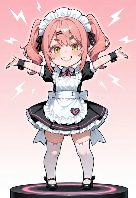 slightly Petite girl, beautiful girl, beautiful feminine figure, healthy waistline, bright and rosy skin, lips with natural pink lipstick,
semi-long wavy pink hair, bangs over eyebrows, medium sidelocks, pink slightly-thin eyebrows, glay eyes, detailed clear eyes, thick dark-pink eyelashes,
cheek slightly blush, innocent cute smile,
maid outfit, frilled maid apron, frilled skirt, thigh high socks, maid shoes, maid head dress,
single small thick lightning volt mark of vivid yellow, volt mark above head, clip art emoji of yellow volt, arms raising, clip art of thunder bolt on head,
standing,
1girl, chibi ,big head, mini person, deformed ,super deformed,
cute simple background,
looking at viewer. cute smile teeth, on black circle stage, elegant stage,
masterpiece,8k,high resolution, unity 8k wallpaper, detailed face, detailed CG, ( perfect anatomy), (high quality, best quality) (curvy:1.2)(shiny skin:1.2),amazing quality, very aesthetic, absurdres, newest
