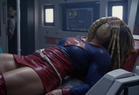 <lora:Xenomorph_Facehugger_Attack_-_Alien_Flux_v2:0.7>(Xenomorph Facehugger),A live-action photorealistic scene in a futuristic sci-fi medical bay. A curvy, unconscious woman with long, blonde hair lies on a high-tech medical bed. She is wearing the iconic red and blue Supergirl uniform from the Supergirl TV series starring Melissa Benoist â complete with the tight blue top with the red 'S' emblem, red skirt, and thigh-high red boots. Her body glistens slightly with moisture, as if covered in sweat or mist. She is restrained at the waist with a futuristic white medical belt. An alien facehugger (inspired by H.R. Gigerâs Alien franchise) is latched tightly onto her face, with spider-like legs gripping her head and a muscular tail coiled under her jaw. The background shows a dimly lit spaceship medbay with flickering monitors and sci-fi instruments. The lighting is cinematic, with cool blue tones and shadows that heighten the drama. The scene mixes superhero vulnerability with tense sci-fi horror, rendered in ultra-photorealistic, cinematic quality.
<lora:EXM:0.36> ,<lora:Flux Muscle v2 fp8:0.33>, <lora:Facehugger:0.5>, <lora:supergirl_dev_f1:0.3>, <lora:MysticXXX-V6:0.6>