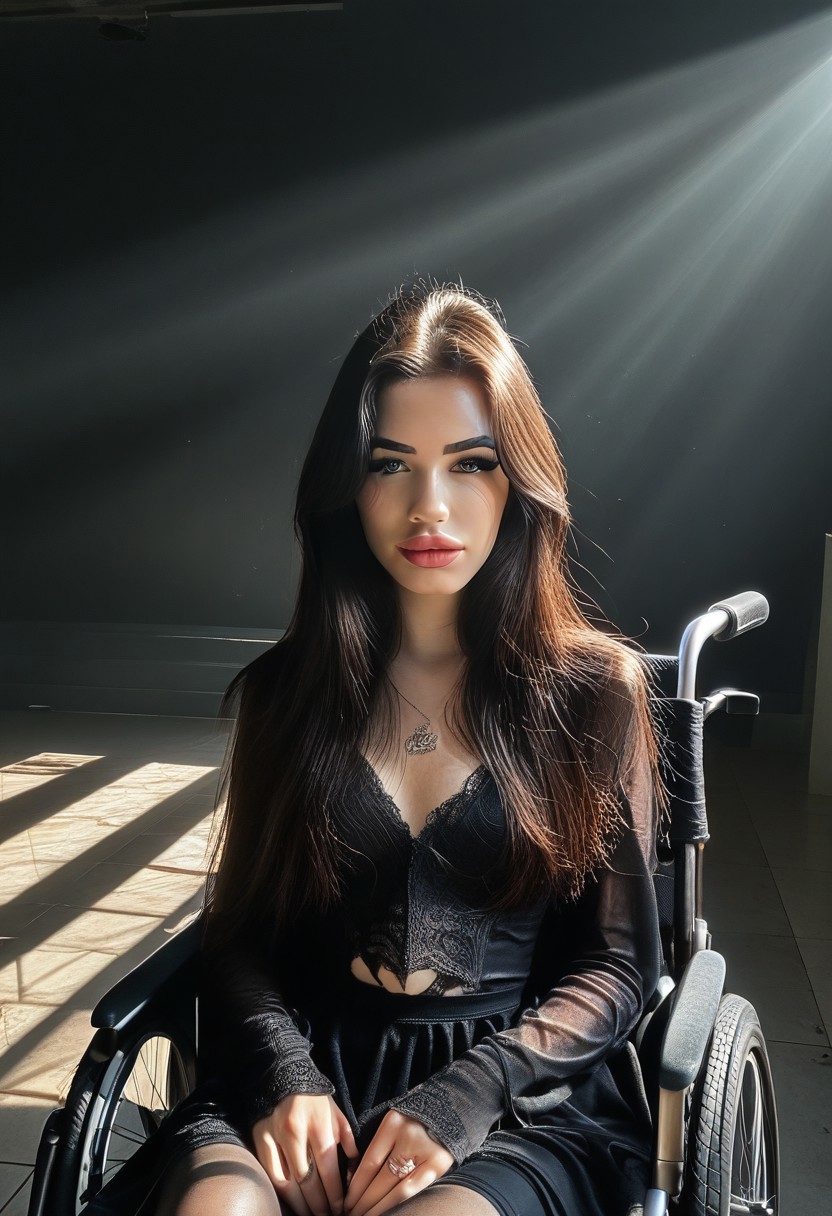 score_9, score_8_up, score_7_up, score_6_up, hyper-realistic, realism, realistic, real life, photorealistic, detailed, highest quality, masterpiece, paralyzed, rsgrl, russian girl, cute russian girl, 1girl, igbaddie, long hair, perfect hair, straightened hair, looking at viewer, eyeliner, ((winged, black eyeliner)), thick lips, gloss lips,  ((straight hair)), blue eyes, slim, ((reflective skin)), closed mouth,(quadriplegic:1.5),wheelchair, sat in wheelchair, wheelchair user, wheelchair bound nightclub, moscow, dark lighting,
