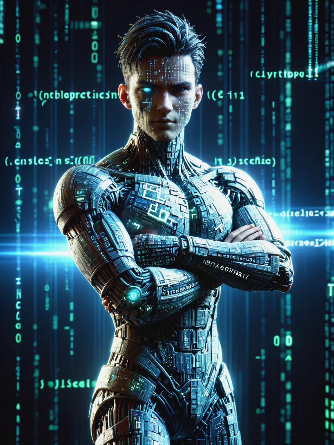 man made of mad-dtstrm in cyberspace Crossed arm pose <lora:Neon_Cyberpunk_Datastream_SDXL:0.8>, (masterpiece:1.2), best quality