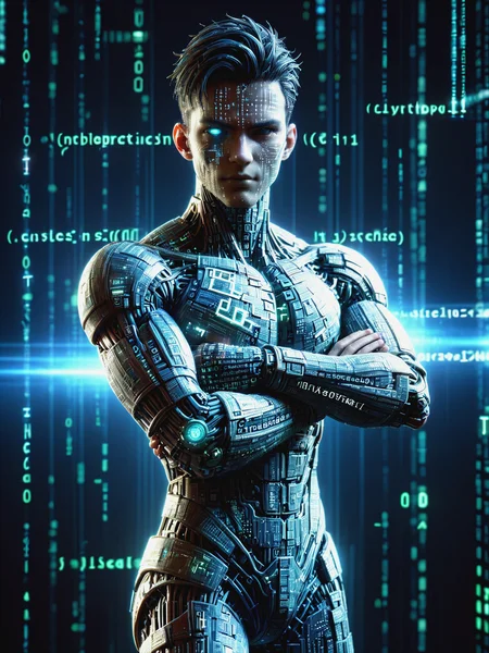 man made of mad-dtstrm in cyberspace Crossed arm pose <lora:Neon_Cyberpunk_Datastream_SDXL:0.8>, (masterpiece:1.2), best quality