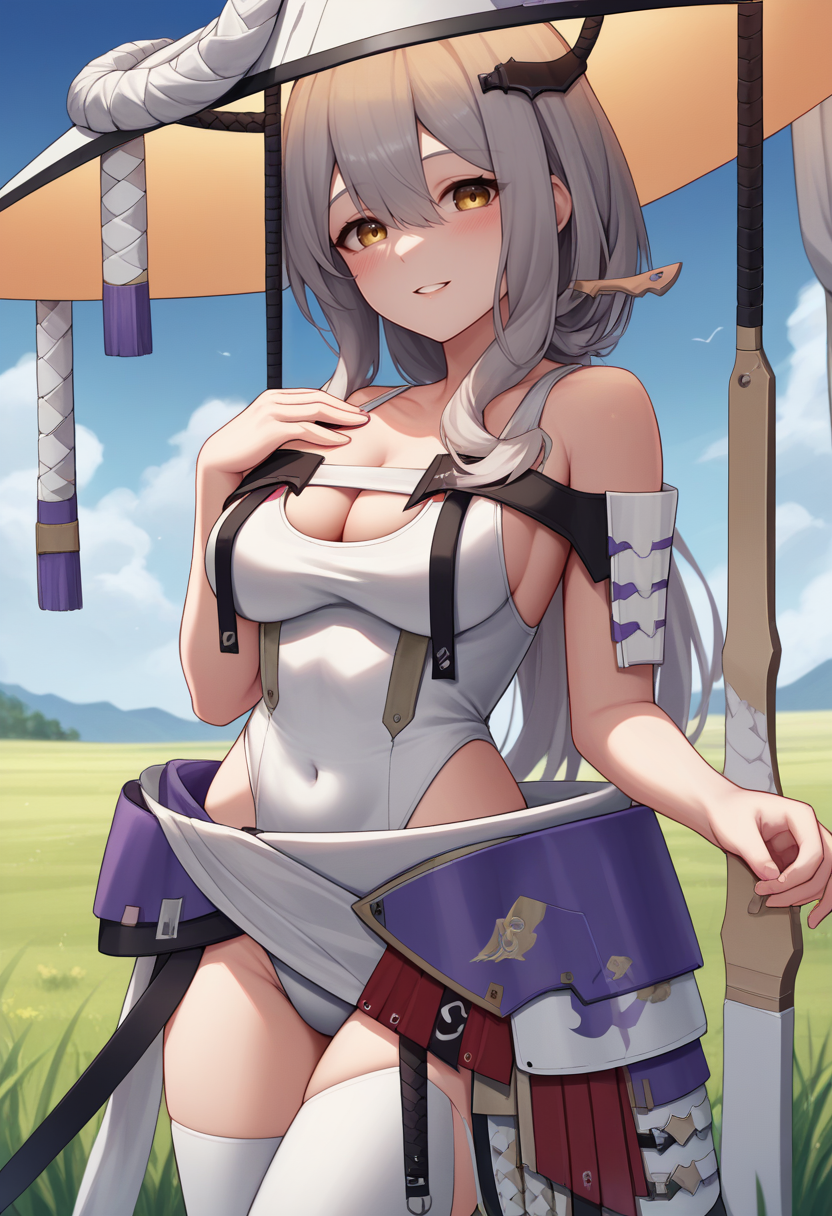 score_9, score_8_up, score_7_up, source_anime, BREAK 1girl, solo, <lora:scarlet-nikke-richy-v1_pdxl:1> scrltdef, yellow eyes, long hair, grey hair, hair ornament, hat, hat ornament, chest strap, white leotard, cleavage, bare shoulders, single shoulder pad, single vambrace, hip armor, looking at viewer, smile, parted lips, blush, standing, hand on own chest,  breasts, outdoors, field, blue sky, contrapposto, covered navel, white legwear
