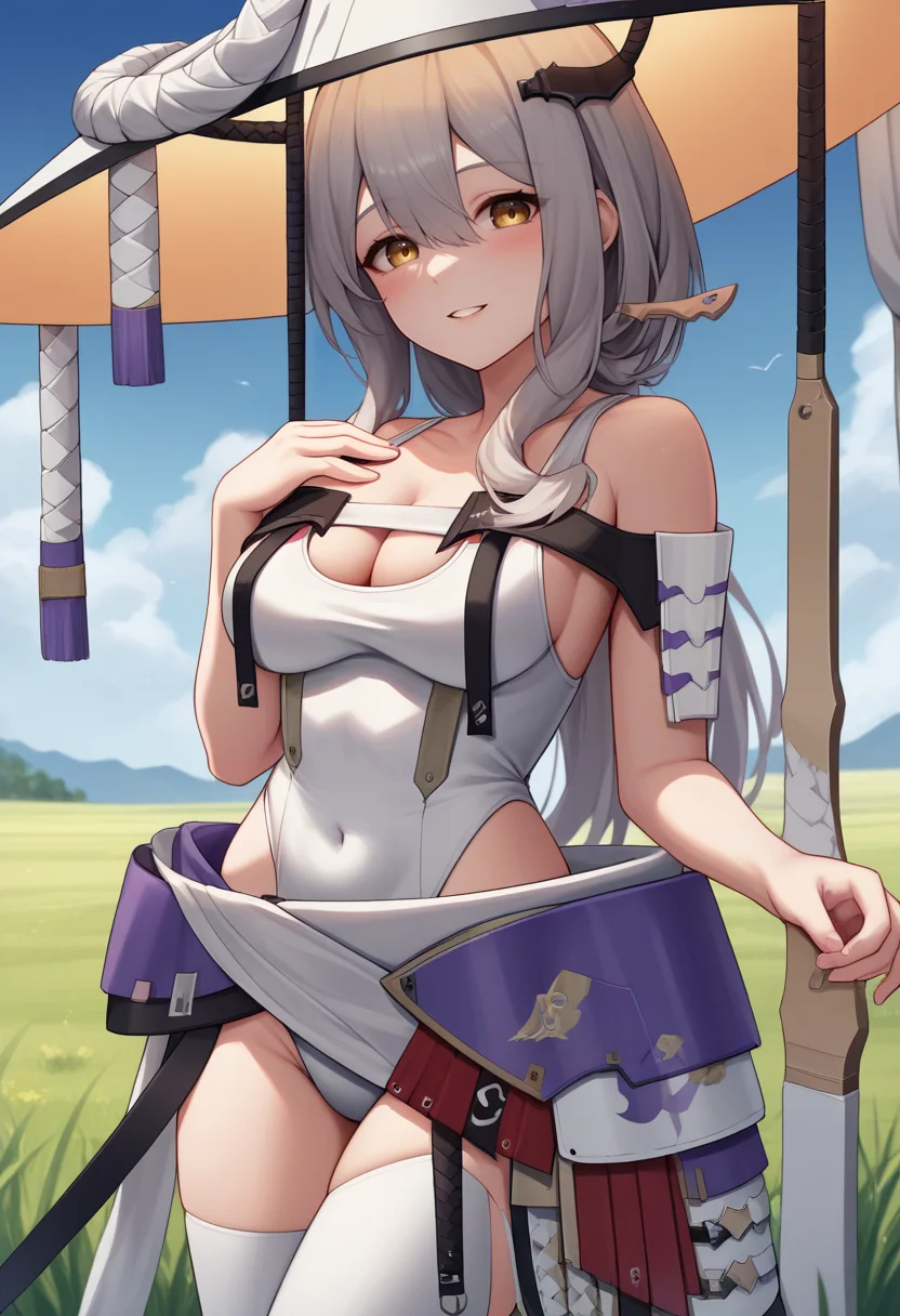 score_9, score_8_up, score_7_up, source_anime, BREAK 1girl, solo, <lora:scarlet-nikke-richy-v1_pdxl:1> scrltdef, yellow eyes, long hair, grey hair, hair ornament, hat, hat ornament, chest strap, white leotard, cleavage, bare shoulders, single shoulder pad, single vambrace, hip armor, looking at viewer, smile, parted lips, blush, standing, hand on own chest, breasts, outdoors, field, blue sky, contrapposto, covered navel, white legwear