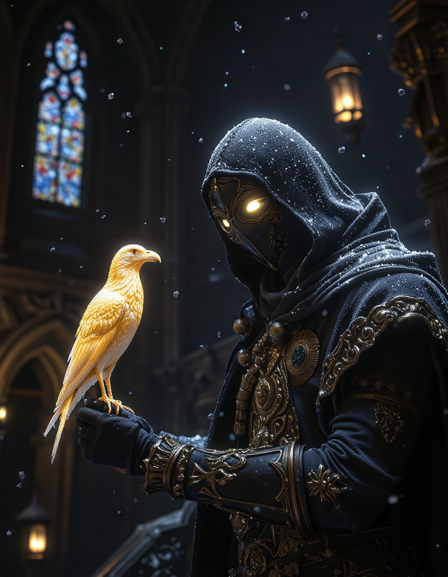 A mysterious, hooded figure clad in dark, ornate armor. The figure's face is obscured by a mask with glowing, otherworldly eyes. Snowflakes fall around them, adding to the cold, wintery atmosphere. The armor is detailed and intricate, with gold accents and elaborate carvings. Perched on the figure's forearm is a glowing, translucent golden big raven, its ethereal form casting a soft light that contrasts with the darkness around it. The background features a dimly lit, gothic cathedral with towering spires and stained glass windows, enhancing the haunting atmosphere. The composition is close-up, emphasizing the figure's armor, the intensity of their gaze, and the otherworldly presence of the glowing golden raven. The style remains dark, atmospheric, and mysterious, <lora:aidmaMJ6.1_v0.3:0.5>, <lora:flux.1_lora_flyway_Epic-detail_v2:0.6>, <lora:anhei_first_flux_lora_v1:0.7>