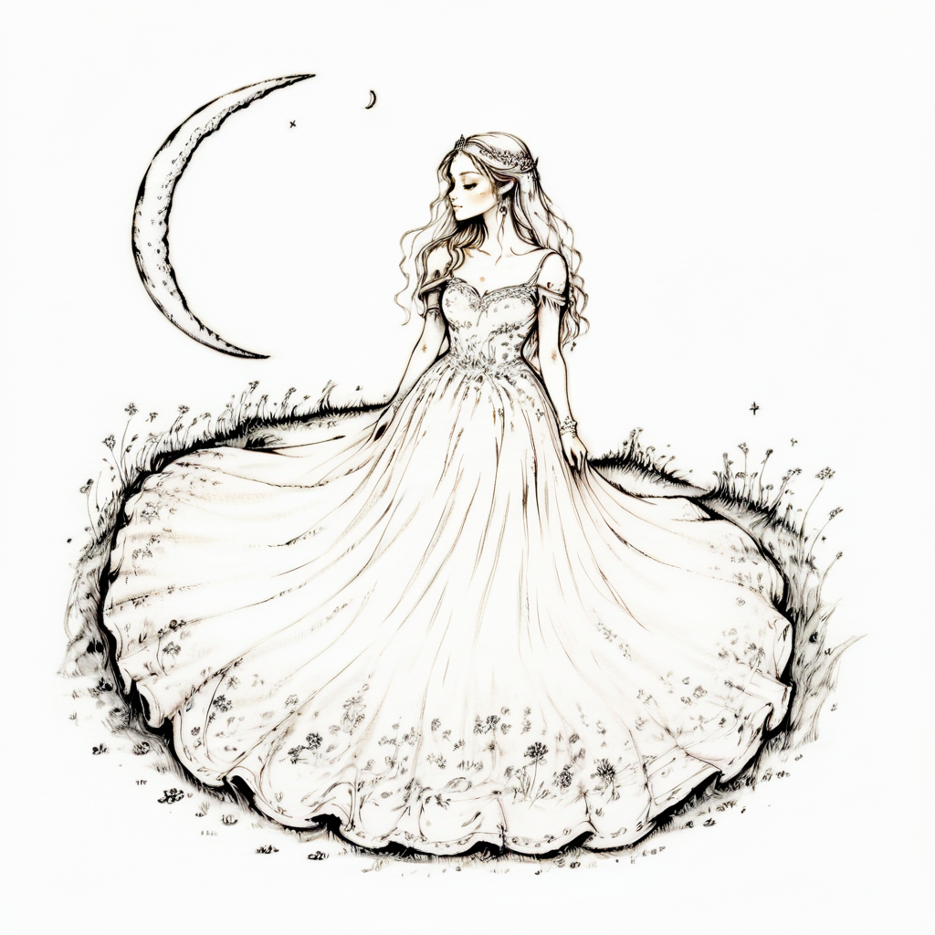 ArsMJStyle, Whimsical Mechanica, Line Drawing, The image is a black and white line drawing of a young woman in a long flowing dress. She is standing on a grassy hill with a crescent moon in the background. The woman has long wavy hair that is flowing in the wind and is wearing a tiara on her head. The dress is long and flowy with a train that trails behind her. The skirt of the dress is full and flowing and it is decorated with small flowers and leaves. The overall mood of the image is dreamy and ethereal., 1girl, monochrome, dress, solo, long hair, moon, flower, crescent moon, greyscale, crescent  <lora:Whimsical_Mechanica_Line_DrawingSDXL:1>