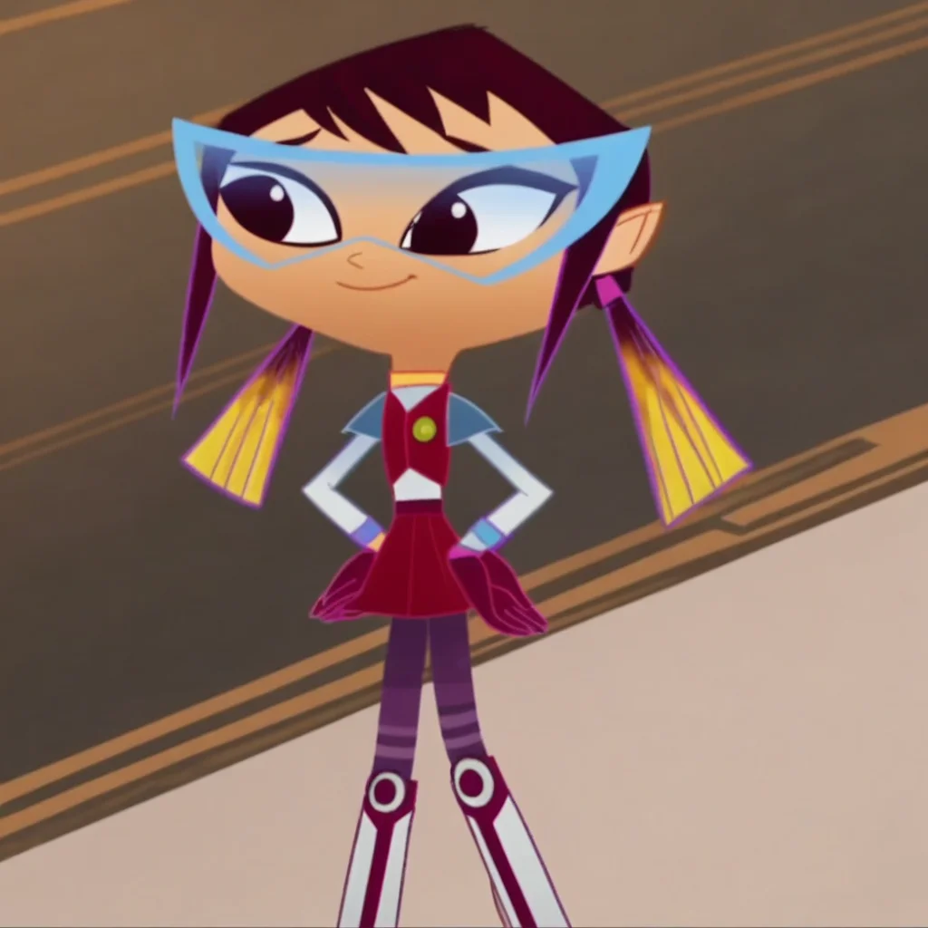 standing, in a room, red-violet sleeveless vest, Solo, long-sleeved sky blue shirt with purple and blue lines wrist, purple eyeshadow, red-violet miniskirt, Sashy_Kobayashi, dark brown eyes, expressive eyes, maroon gloves, full body, smile, specs with light blue rims, violet and yellow highlights hair, Score_9, necklace, two ponytails, different styled socks, peach skin, white boots with a purple line down the front, 1girl