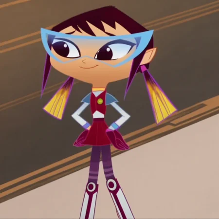 standing, in a room, red-violet sleeveless vest, Solo, long-sleeved sky blue shirt with purple and blue lines wrist, purple eyeshadow, red-violet miniskirt, Sashy_Kobayashi, dark brown eyes, expressive eyes, maroon gloves, full body, smile, specs with light blue rims, violet and yellow highlights hair, Score_9, necklace, two ponytails, different styled socks, peach skin, white boots with a purple line down the front, 1girl