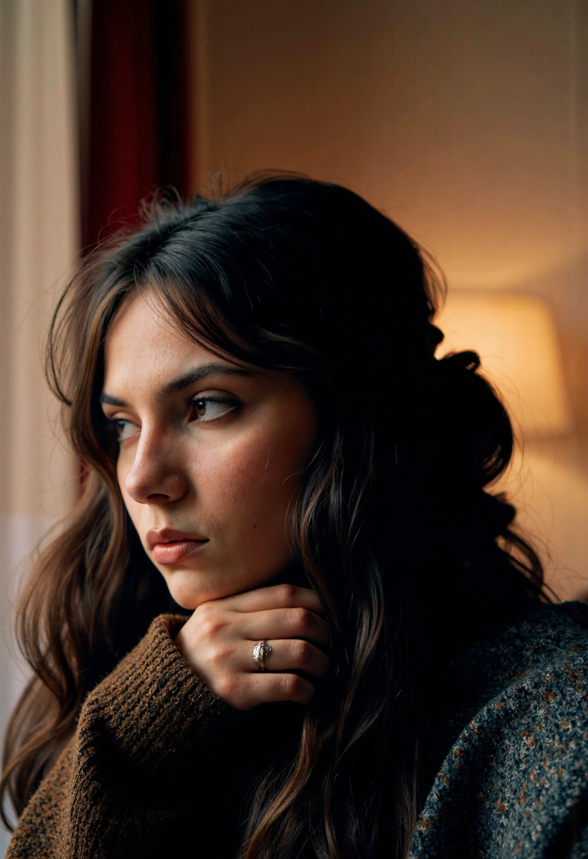<lora:dafne-keen-dev2pro-lora:1>,DK woman,,stomach churning with worry,Temple,Phase One XF IQ4 150MP,Kodak Vision3