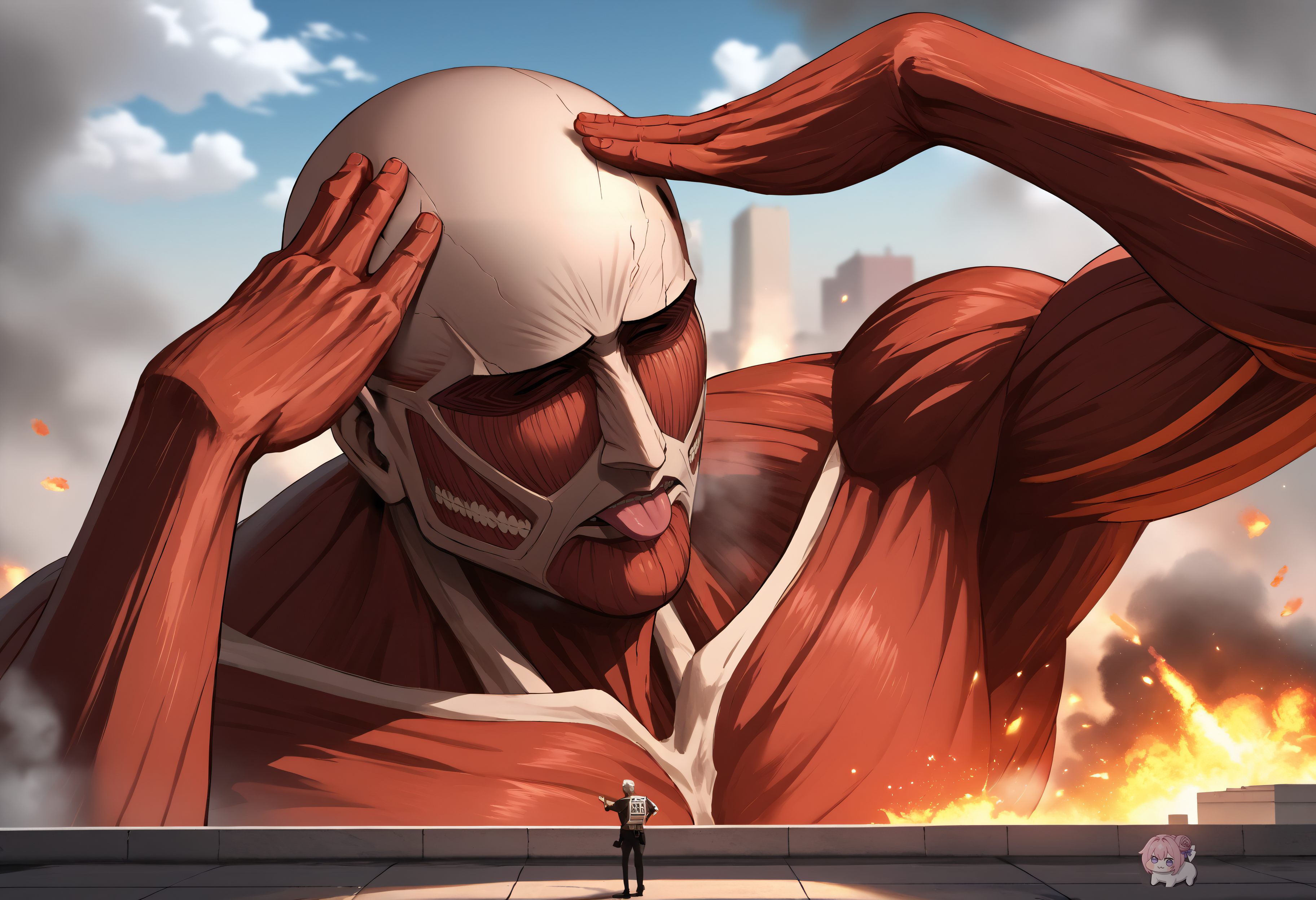 <lora:colossaltitan_aot_xypher_pdxl_v1:0.9> score_9, score_8_up, score_7_up BREAK source_anime,  <lora:AhEtoBlehMeme_pdxl_Incrs_v1:1.2> AhEtoBlehMeme, closed eyes, (tongue, tongue out, :p:1.2), hands on own head, smile, colossal titan, bald, red skin, ribs, nude, giant, steam, fog, embers, explosion, cloud, shingeki no kyojin, size difference, peeking over, (teeth:0.8), cityscape, manly