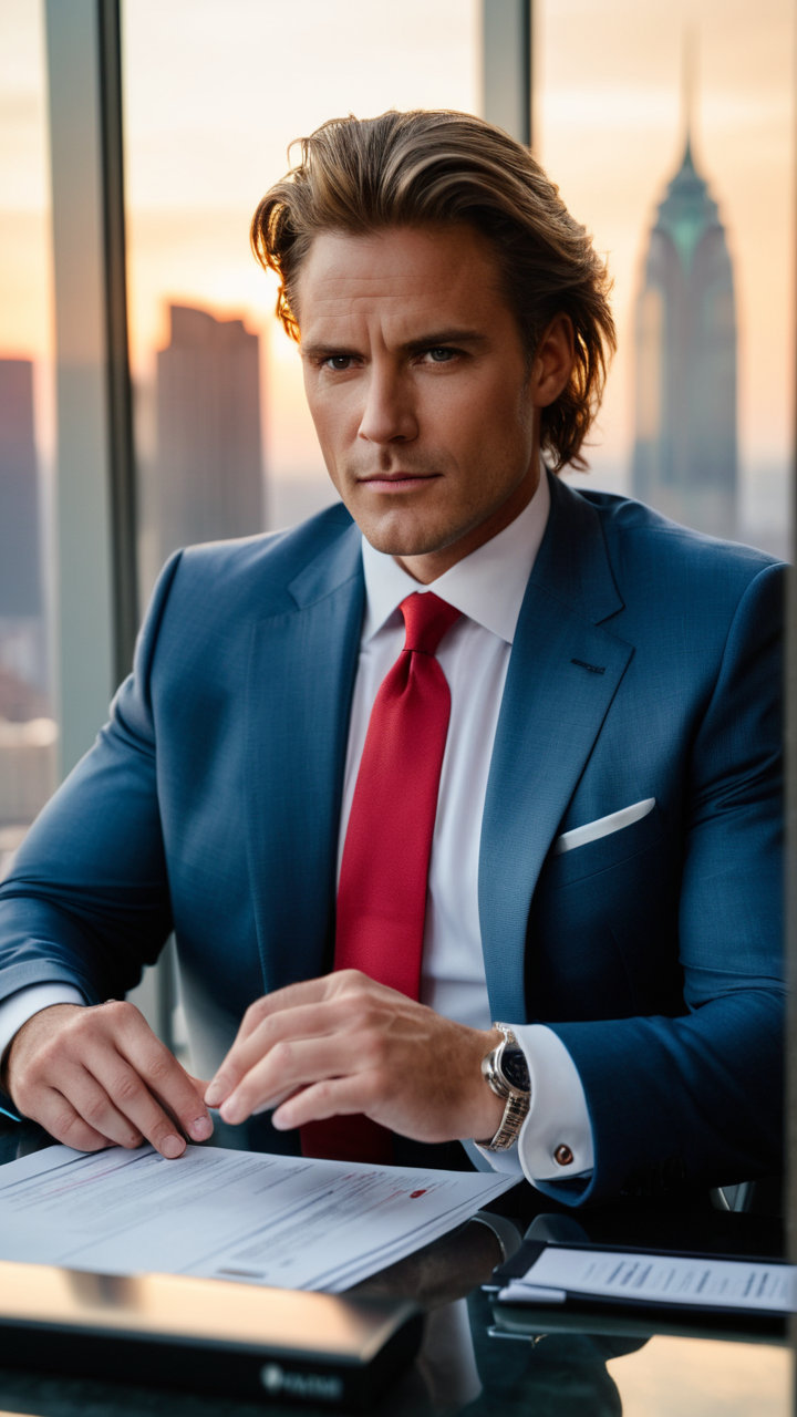Close-up, man, dawn setting, indoor, tailored suit, red tie, sitting, sharp focus foreground, city skyline through window, office desk, medium shot, determined expression, salt-and-pepper hair, professional makeup, cufflinks, hand on document, cool color tone, detailed background, deep depth of field, business attire, middle-aged, morning light, man_hand_model