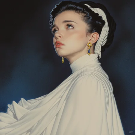 <lora:Hyperdetailed_Colored_PencilSDXL:1> ArsMJStyle, Colored pencil hyperdetailed realism, The image is a portrait of a young woman with dark hair styled in an elegant updo. She is wearing a white dress with a black shawl draped over her shoulders. The woman is looking up with a thoughtful expression on her face as if she is deep in thought. Her eyes are wide open and her lips are slightly parted giving her a dreamy ethereal quality. The background is a deep blue with a hint of yellow creating a dramatic contrast with the woman's outfit. The overall mood of the image is mysterious and contemplative., 1girl, solo, jewelry, earrings, dress, black hair, parted lips, white dress, lips, looking to the side